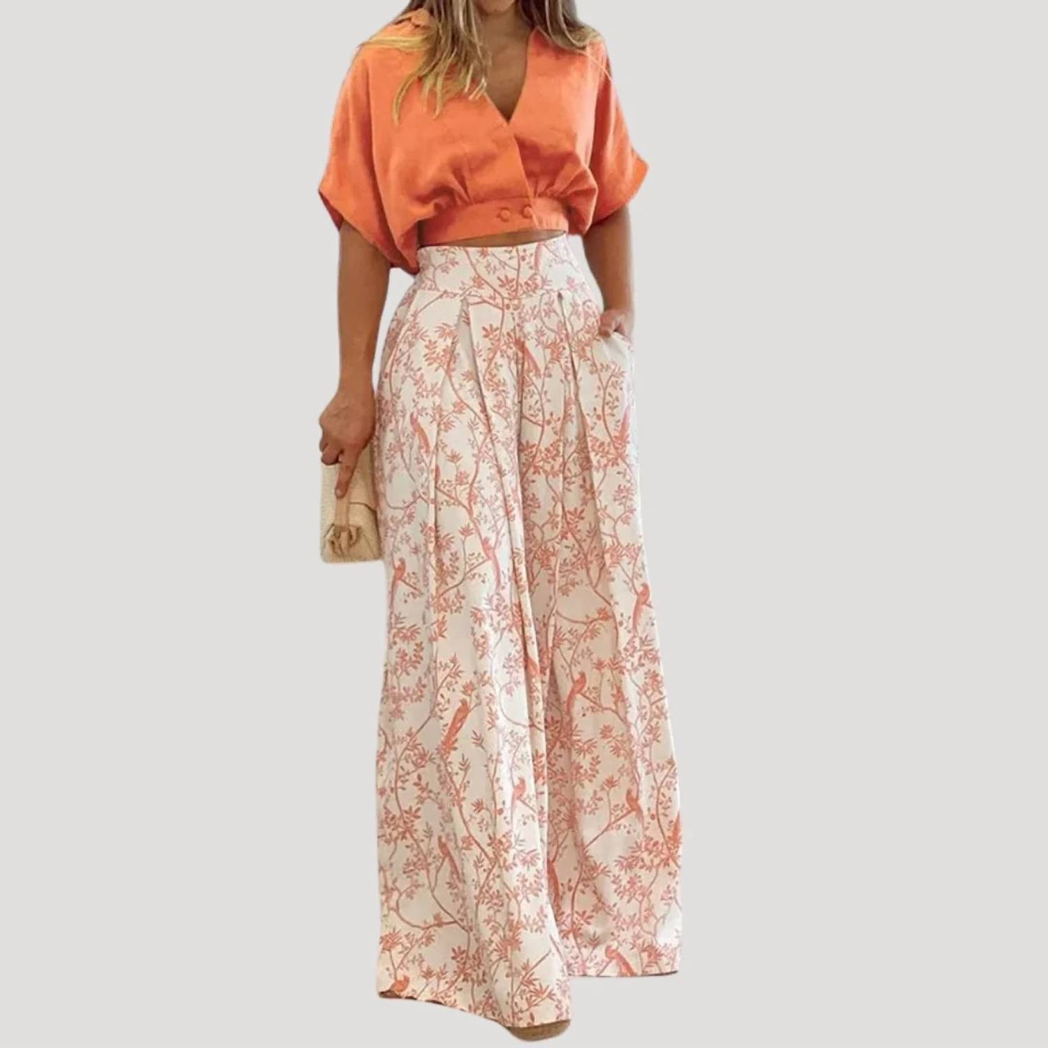 New Paperdoll V-Neck Short Shirt And Wide Leg Pants Set In Light Orange